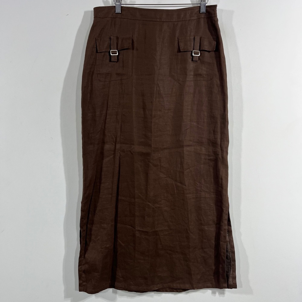 Eagle's Eye VTG 90s Heritage Brown 100% Linen Cargo Maxi Skirt Utility Size 12